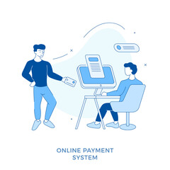 Poster - Linear flat Online payment system. Male cartoon character paying for purchases with card. Seller sitting at desktop and receiving payment online. Digital financial transaction. Shopping online