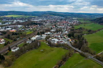 Aerial view of the city Bad Soden in Germany, Hesse on a sunny early spring day.
