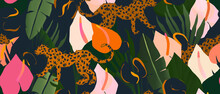 Hand Drawn Colorful Abstract Jungle Pattern With Leopards. Creative Collage Contemporary Seamless Pattern. Fashionable Template For Design.