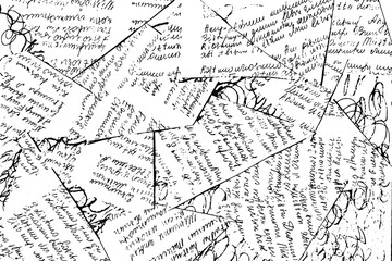 Fototapete - The grunge texture of a handwritten verse text written carelessly and illegibly. The sheet with the poems is torn into shreds, scraps. Vector illustration. Overlay template.