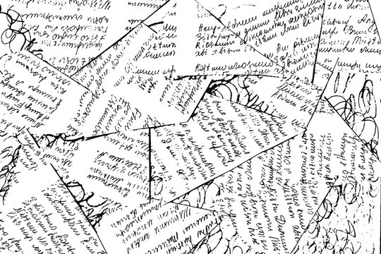 The grunge texture of a handwritten verse text written carelessly and illegibly. The sheet with the poems is torn into shreds, scraps. Vector illustration. Overlay template.