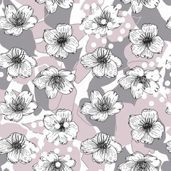 Aufkleber - Vector organic seamless abstract background, botanical motif with stylized leaves, flowers and simple geometric shapes. Floral pattern.