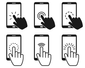 Poster - Set of Touch screen smartphone sign icon. Hand pointer symbol. Flat design style. Vector