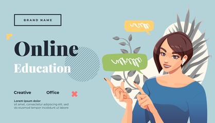 Wall Mural - Landing page template for online courses, distance education, Internet studying, training. Yong female teacher having a lesson. Vector illustration