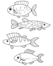 Vector Small Fish Isolated On White Background. Coloring Book Marine Life, Set Of Vector Elements. Fish Outline.
