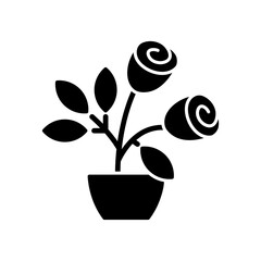 Poster - Rose bushes black glyph icon. Planting beutiful plants in home garden. Big flower growing farm with wide fields. Special plants. Silhouette symbol on white space. Vector isolated illustration