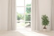 © AntonSh - White empty room with summer landscape in window. Scandinavian interior design. 3D illustration