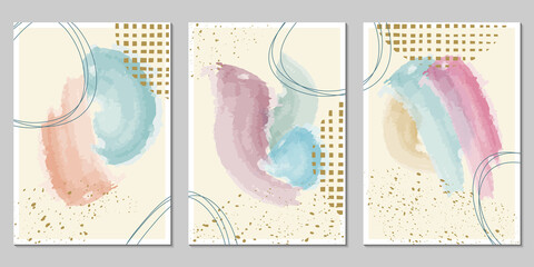 Wall Mural - watercolor background set with abstract shapes. modern painting with brush texture, pastel colors an