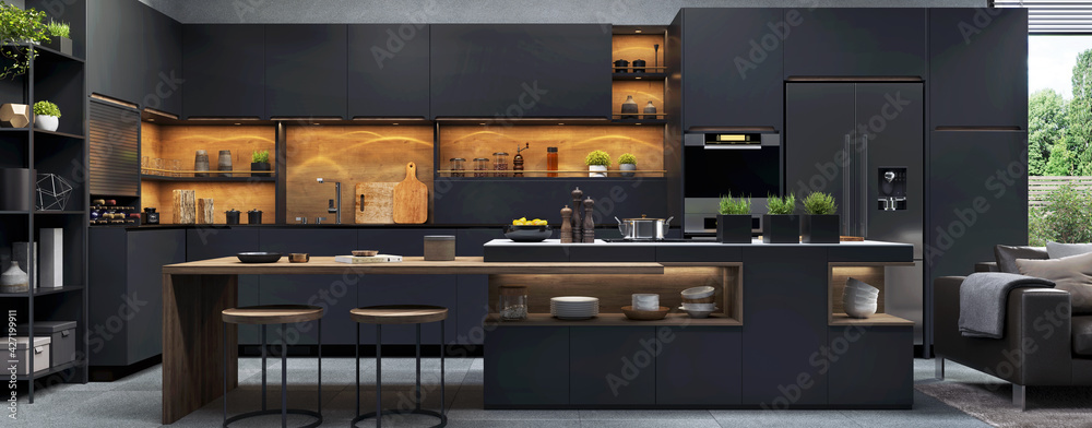 Beautiful open plan matte black kitchen and  kitchen island with dining area - obrazy, fototapety, plakaty 