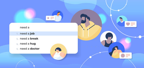 Poster - mix race people profiles choosing need a job in search bar on virtual screen find job online recruit