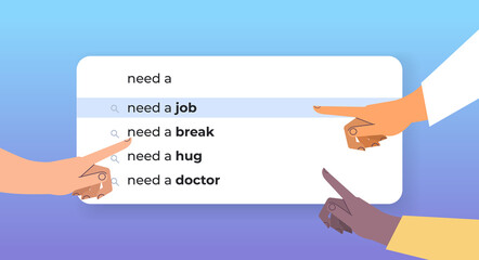 Poster - mix race human hands choosing need a job in search bar on virtual screen find job online recruitment