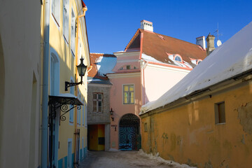 Toom-Rüütli, an empty snowy street in Toompea (Cathedral Hill), Tallinn, Estonia, in the depths of Winter