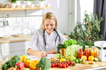 Wall Mural - Female nutritionist young doctor writing diet plan on table. Right nutrition and slimming concept