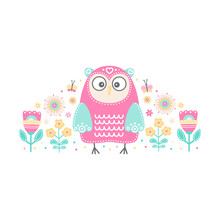 Vector Hand Drawn Composition With Owls And Flowers. Illustration In Flat Style. Pastel Colors - Mint, Pink, Yellow, Beige. Cute Childish Illustration For Textile, Cards, Posters.