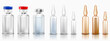 A set of glass medical ampoules or vials with a vaccine or medicine for treatment. Brown ampoules set .Bottles or transparent capsules with aluminum and plastic caps. Realistic 3d vector