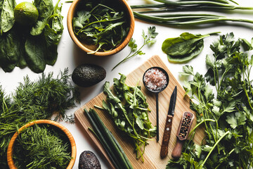 Wall Mural - Green vegetables and fruits, avocado, lime, cabbage, parsley, cucumber, dill, onion ,salad, spinach