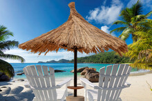 Parasol And Beach Chairs On Sunny Beach With Palms And Turquoise Sea In Paradise Island.	
