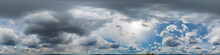 Sky Panorama At Noon With Cumulus Clouds And Gulls In A Seamless Spherical Equirectangular Format As A Full Zenith For Use In 3D Graphics, Game Play, And Aerial Drone 360-degree Panoramas To Replace