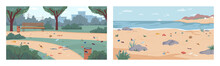 Dirt And Debris On Beach And In Park, Rubbish On Ground And Sand, Vector Flat Cartoon Illustration. Garbage In Nature, Polluted Environment. Litter On Seashore, River Bank, At City Parkland