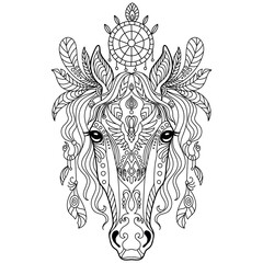 Tangle horse coloring book page for adult