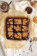 Vertical shot of delicious peanut butter swirl brownies