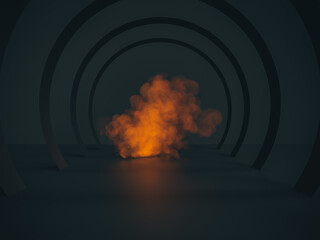 Poster - Abstract black stage backdrop with orange smoke. 3d rendering.