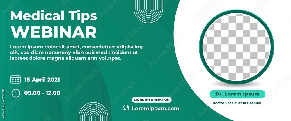 Medical webinar horizontal web banner design template. Modern banner with green background color and place for the photo. - obrazy, fototapety, plakaty 