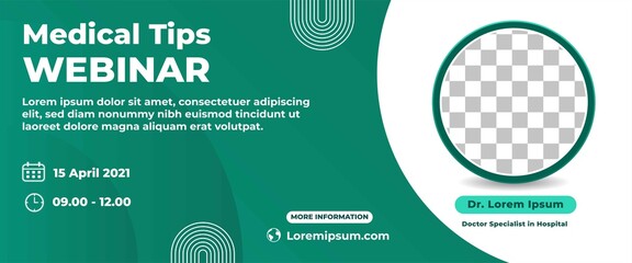 Medical webinar horizontal web banner design template. Modern banner with green background color and place for the photo.
