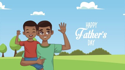 Poster - happy fathers day lettering with afro dad and son in the camp