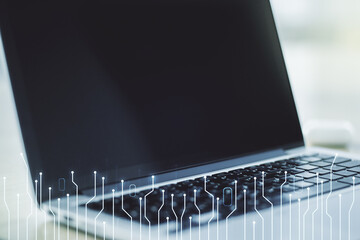 Poster - Creative abstract micro chip hologram on modern computer background, artificial intelligence and machine learning concept. Multi exposure