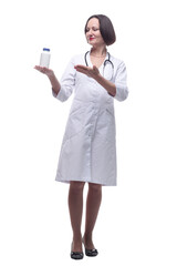 Wall Mural - smiling female doctor with sanitizer gel. isolated on white background.