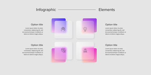 Business process chart infographics with 4 step squares. Corporate workflow graphic elements. Company flowchart presentation slide. Vector info graphic in glassmorphism design.