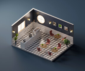 Poster - Isometric view cafe store open inside interior architecture, 3d rendering.