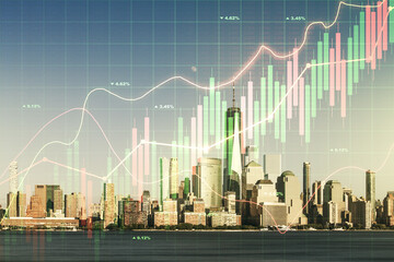 Multi exposure of abstract virtual financial graph hologram on New York skyline background, forex and investment concept