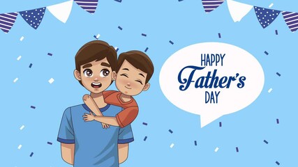 Poster - happy fathers day lettering in speech bubble with dad and son