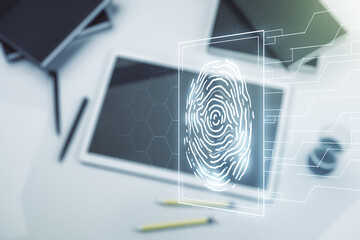 Fototapete - Multi exposure of creative fingerprint hologram and digital tablet on background, top view, personal biometric data concept