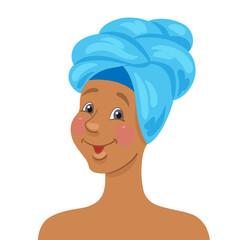 Wall Mural - Portrait of a young beautiful african girl in a turban. In cartoon style. Isolated on white background. Vector flat illustration