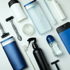 Concept of men's hygiene tools on white background