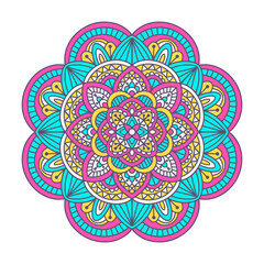 Vector hand drawn doodle mandala. Ethnic mandala with colorful ornament. Isolated on white background. Pink, green and yellow colors.