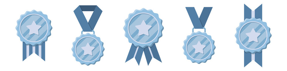 Wall Mural - set of winner silver medals with red ribbon and star