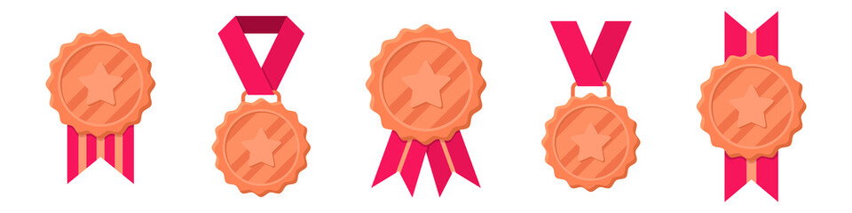Wall Mural - set of winner bronze medals with red ribbon and star