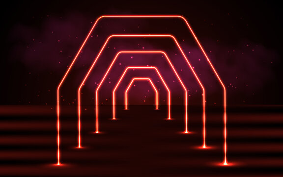 Neon abstract red background with geometric shapes and clouds