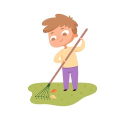 Poster - Boy collects leaves. Courtyard care in autumn time. Cute cartoon toddler with garden tool cleans lawn vector illustration