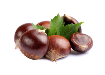 Sticker - Chestnut nuts with leaves on white backgrounds.