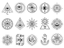 Mystical Symbols. Occult Emblems Meditation Magic Esoterism And Alchemy Icons Mystery Stones Tarot Cards And Moons Recent Vector Stylized Pictures Set