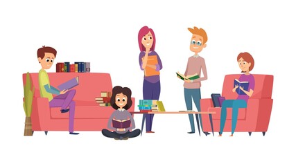 Sticker - Reading club. Book readers, students or library visitors. Teenagers with books vector illustration