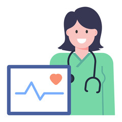 Poster - 
Person standing with heart board denoting flat icon of cardiologist 

