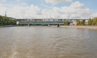 Moscow.View from the boat on the Moscow River and the Luzhnetskiy bridge