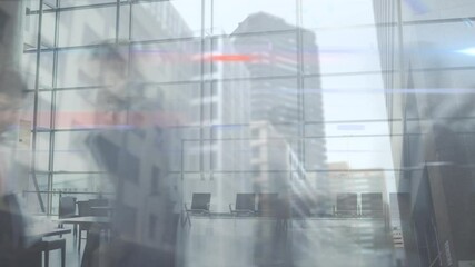 Poster - Animation of business people walking in fast pace over cityscape