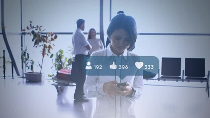 Poster - Animation of speech bubble with icons over businesswoman using smartphone